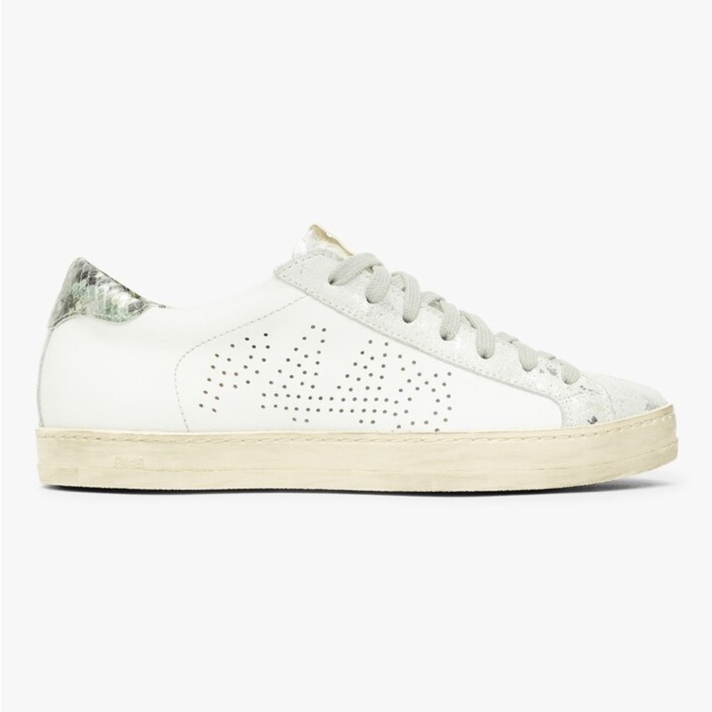 P448 NEW Ivory Textured Tongue Silver Metallic John White Leather Sneakers US 7